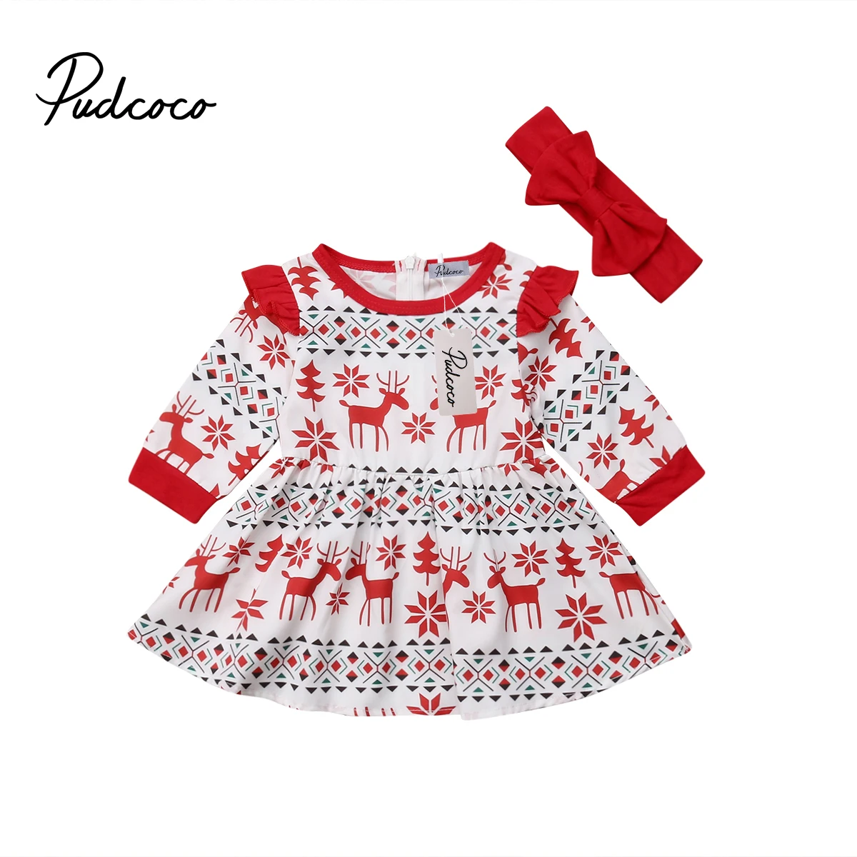 

Children Kids Baby Girl Christmas Deer Fly Sleeve Party Dress Clothes With Headband 6M-5Y