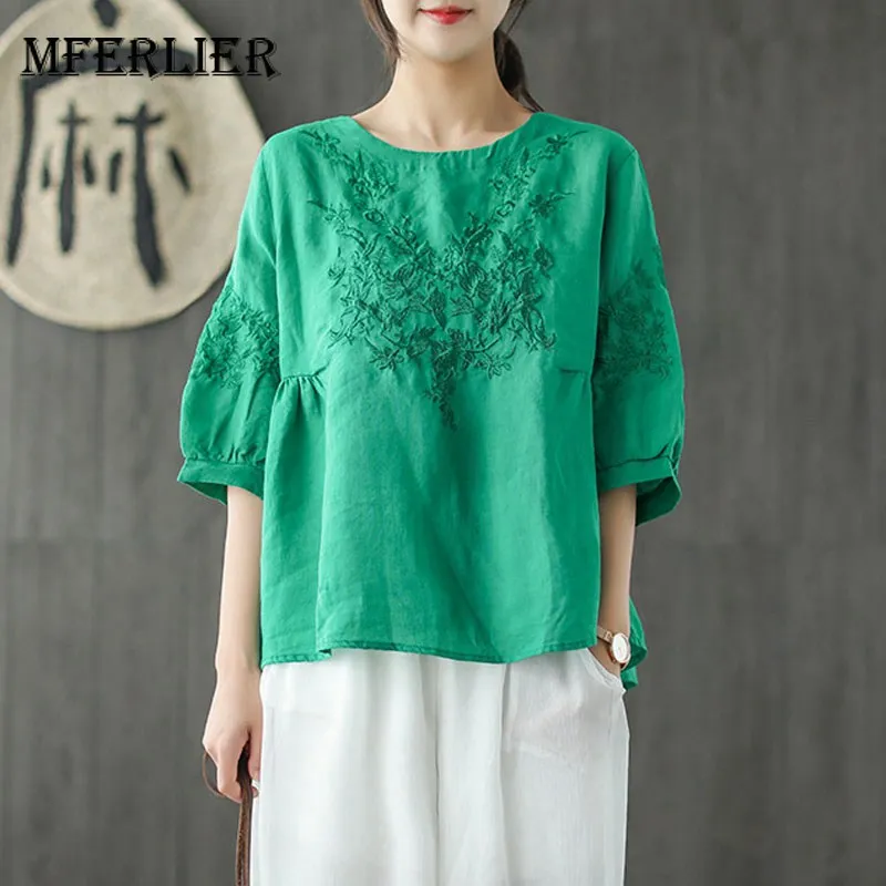 

Mferlier Women Summer Solid Embroidery Blouse O Neck Half Sleeve Pleated Waist Ladies Retro Cotton Ramie Blouses