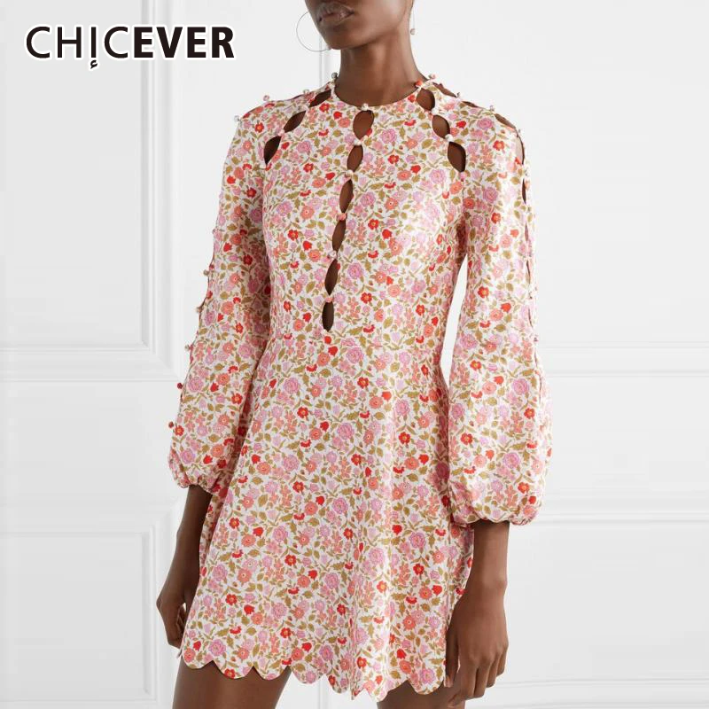 

CHICEVER Vintage Hollow Out A Line Dress For Women O Neck Lantern Sleeve High Waist Print Dresses Female Fashion New 2019 Summer