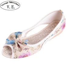 Vintage Embroidery Women Flats Summer New Soft Canvas Shoes Casual Slip On Bow Dance Flat Sandals For Woman Zapatos Mujer e lov vintage design postage stamp and emblem printed canvas shoes high end customzied women casual flats zapatos mujer