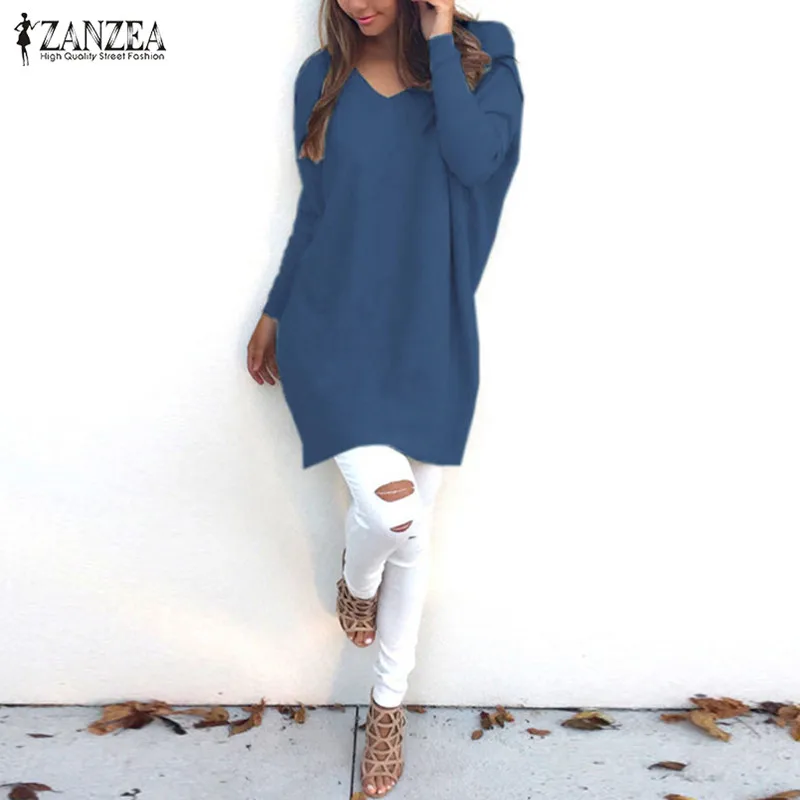 ZANZEA, повседневные блузы, Женский вязаный свитер,, Loos, пуловеры, топы для женщин, v-образный вырез, длинный рукав, тонкий трикотаж, топы размера плюс