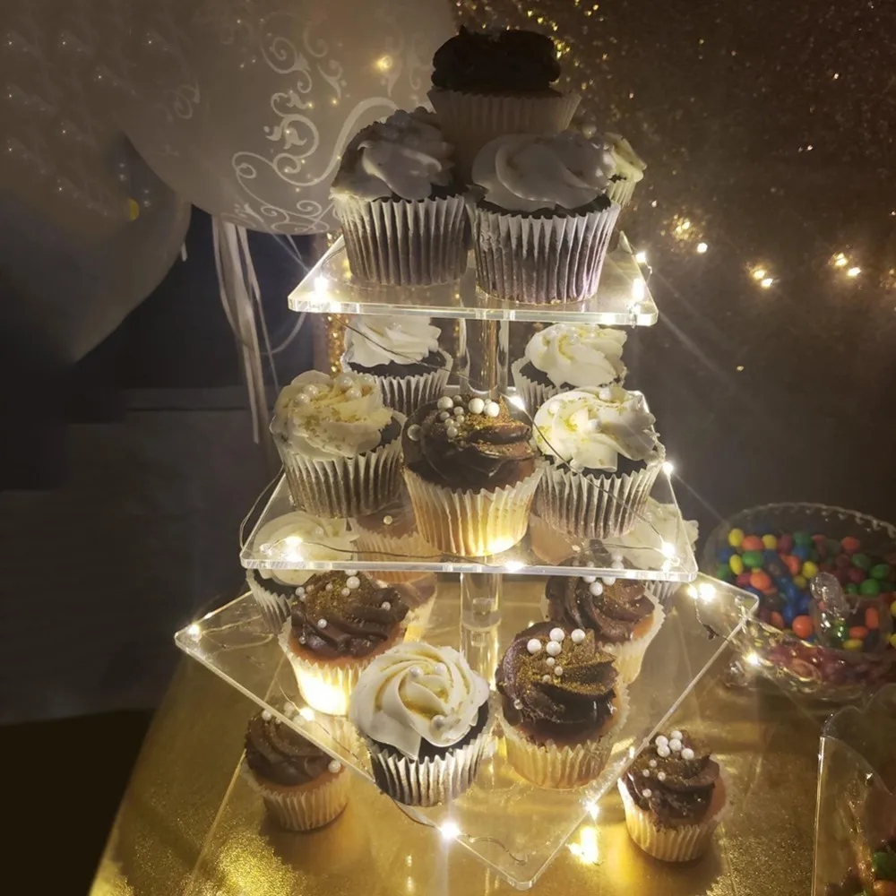4-ярусный выставочный стенд кондитерский мешок акриловая квадратная кекс Дисплей стенд с светодиодный гирлянды десерт дерево башня, платья для дня рождения Свадебная вечеринка