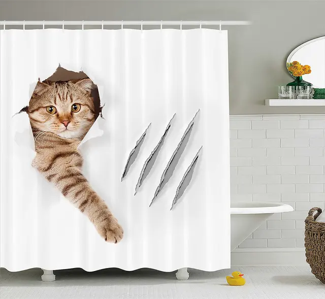 Funny Cat In Wallpaper Hole With Claw Scratches Playful Kitten Cute Funny Cat In Wallpaper Hole With Claw Scratches Playful Kitten Cute Pet Picture Fabric Bathroom
