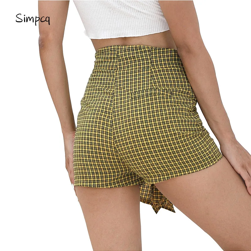 Hot Sale Yo-Ga Yellow Black Plaid Shorts Women's Casual Cotton Linen Loose Split Irregular Shorts Women's Short Elastic Waist 