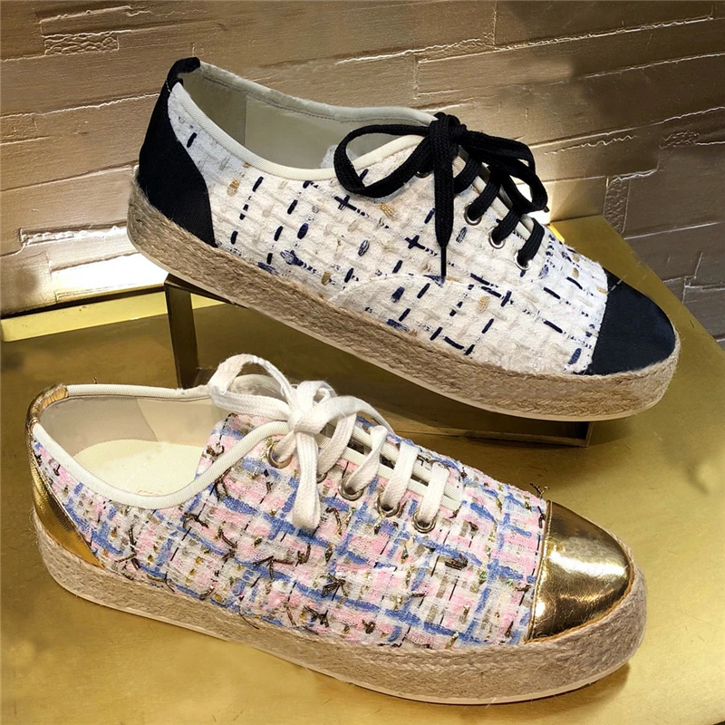 

Plaid Pattern Women Flats Lace Up Women Shoe Sneakers Lace Up Chick Bottom Woman Shoes Hemp Rope Shoes Brand Designer Shoes Hot