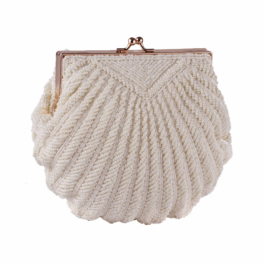 La Regale White Satin Pearl Beaded Clutch Purse