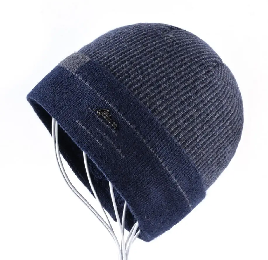 Шапка мужская зимняя вязаные шапочки зимние шапки для мужчин вязаный шерстяной в полоску шапки вязанная шапка для мальчика модная повседневная шапки зимние - Цвет: Blue
