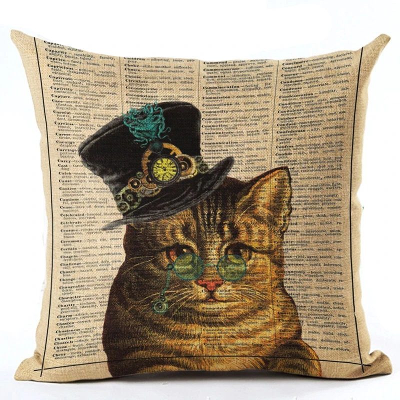 الحيوانات خمر صحيفة نمط الكتان القطن مزيج غطاء وسادة المنزل كنبة مكتب مربع كيس وسادة الزخرفية غطاء الوسادة s