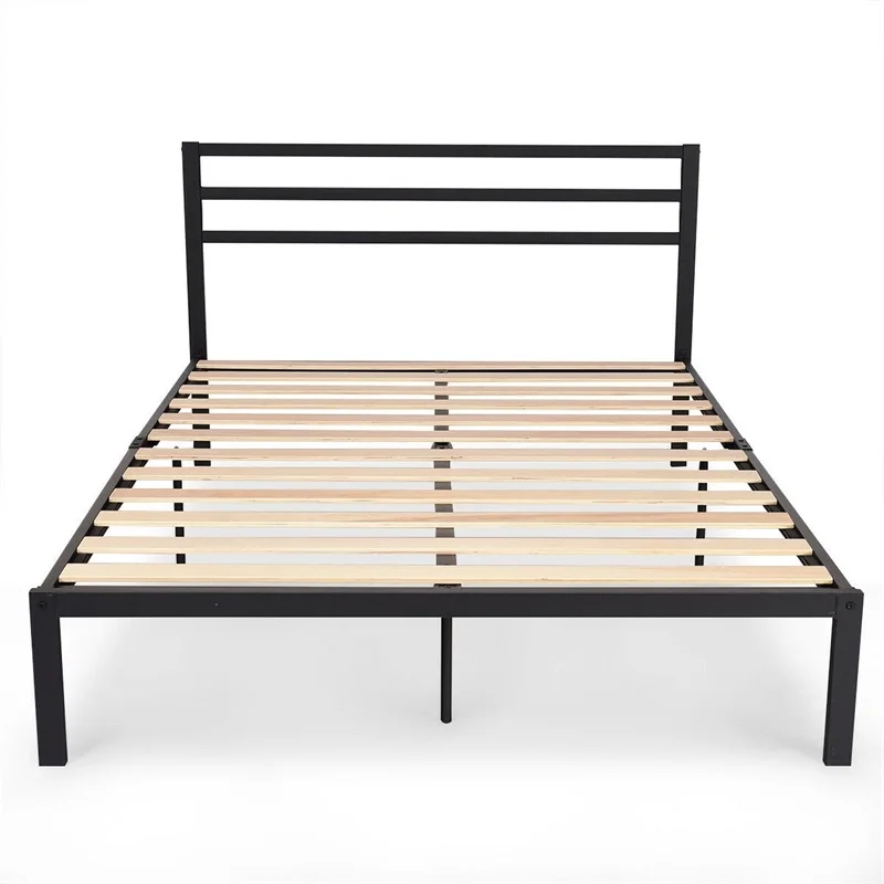 Modern Quality Queen Size Steel Bed Frame with Wooden Slat Support Style High Non-slip Tape Durable Steel Frame Bed HW59209