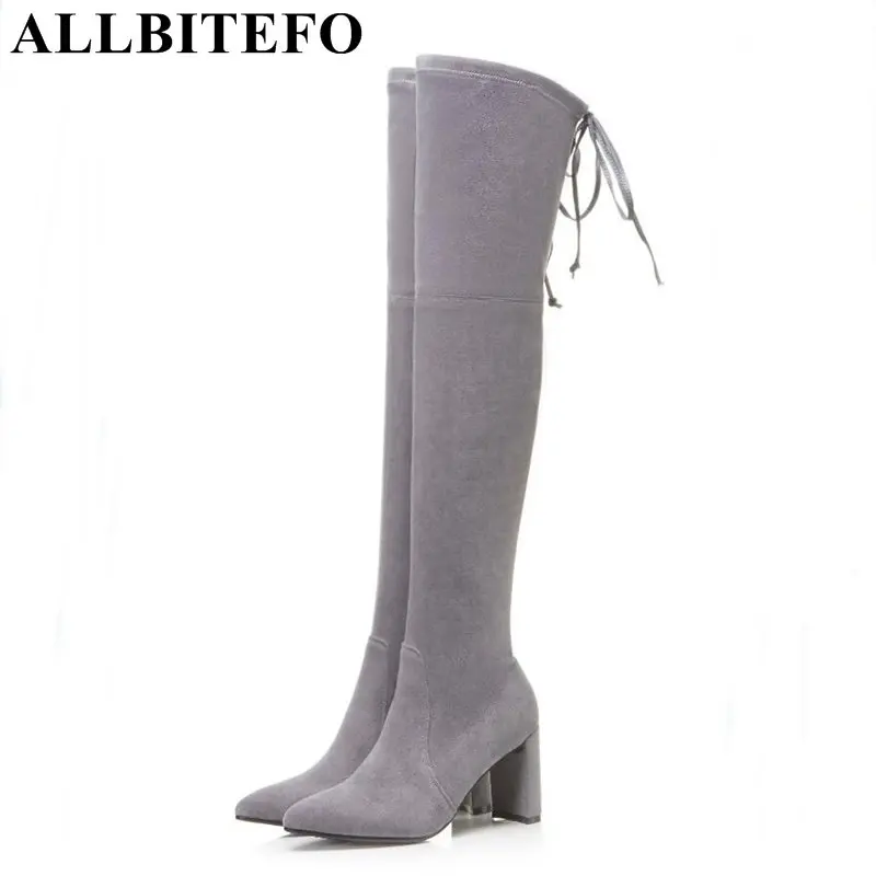 ALLBITEFO fashion sexy sheepskin+Stretch fabric pointed toe thick heel women boots over the knee boots medium heel girls boots fashion slim rivets thick heel pointed toe zip winter snow boots genuine leather stretch fabric over the knee boots women boots