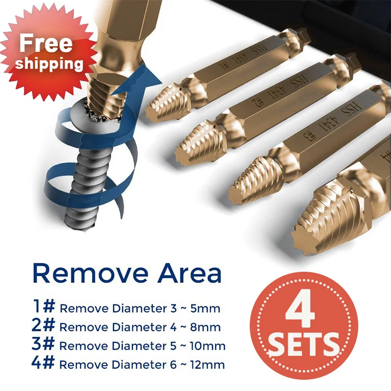 

4 Sets HSS Screw Extractor Reverse Screw Removal Tool Drill Kit Drill Power Tool Removal Rail Attachment Damaged Bolt Remover