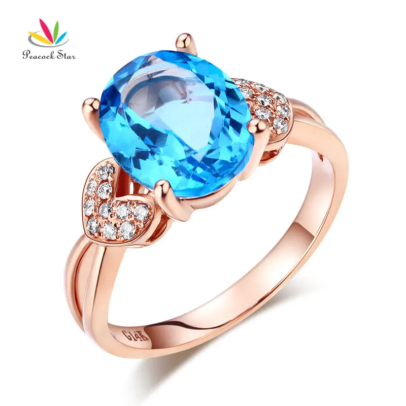 

Peacock Star 14K Rose Gold Wedding Engagement Ring 3.5 Ct Swiss Blue Topaz & Natural Diamond