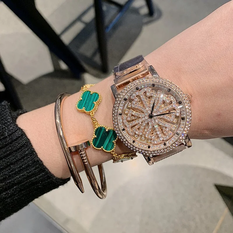 Fashion Purple Diamond Rotating Dial Ladies Watches Personality Iron Buckle Rose Gold Stainless Steel Strap Quartz Women's Watch |