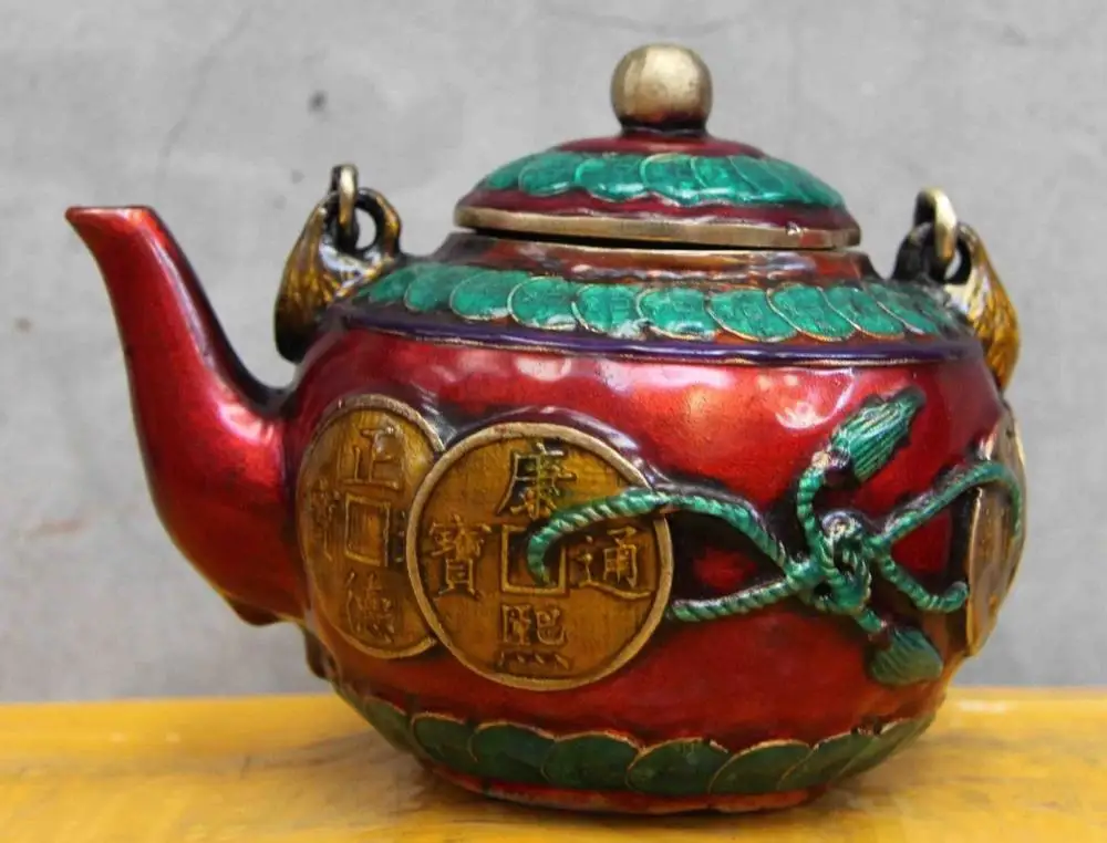 

Chinese Folk Copper Bronze Painted Lcuky Cion Wealth Teapot Flagon wine pot SD 506