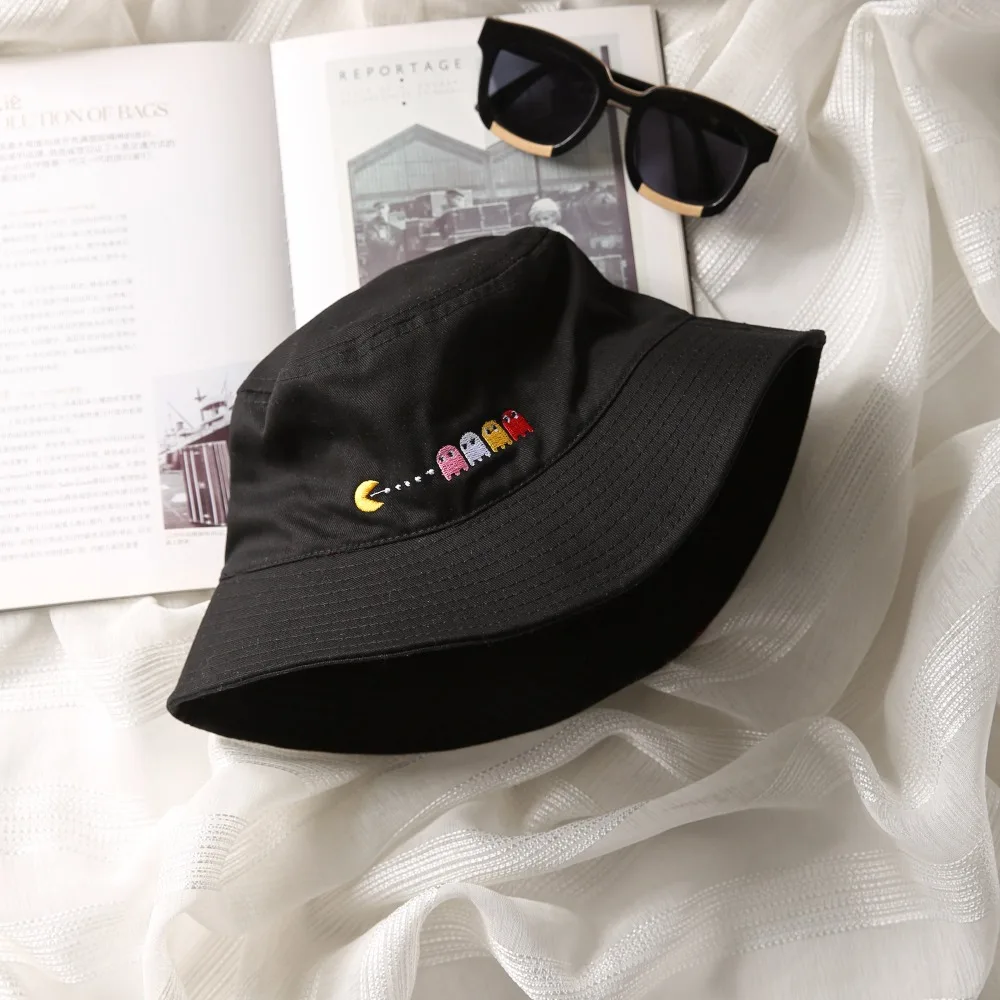

Cartoon Bucket Hat Women Fashion K Bob Caps Hip Hop Gorros Embroidery Pac Man Summer Sun hat Unisex Cotton Fishing Bucket Hat