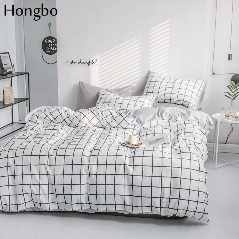 Hongbo Home Textile White Gray Grid Bedding Sets Kid Teen Boys Cotton