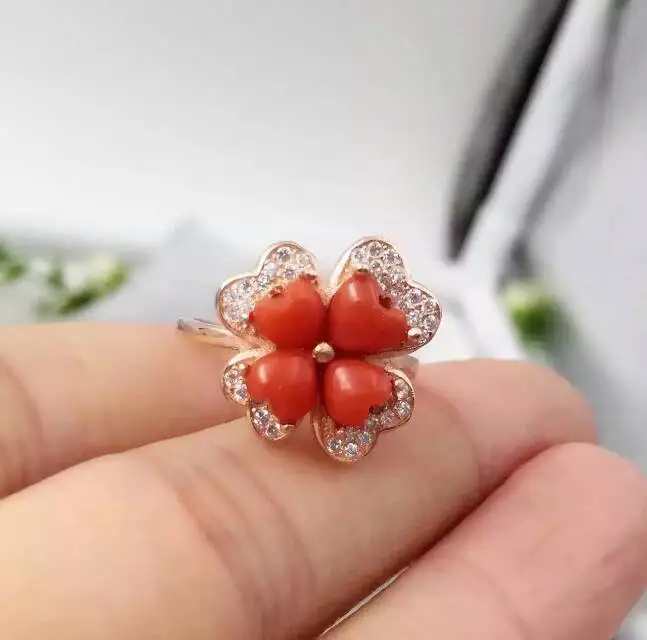 Natural red coral Ring Natural gemstone Ring 925 sterling silver trendy Elegant Cute four leaf clover