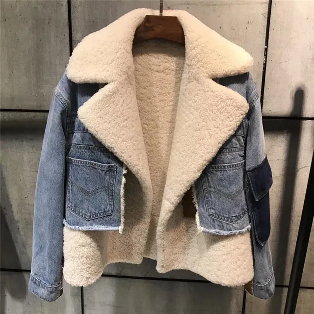 Women Real Sheep Fur Denim Jacket Winter Sheepskin Jackets Natural