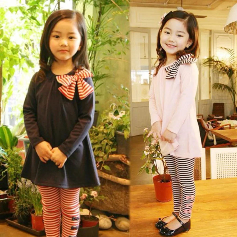 

Brand 2019 New Autumn Baby Girls Clothing Leggings Suit Children Long Sleeve Bowknot Outfits Baby Shirt+Stripe Pants Girl 2pcs