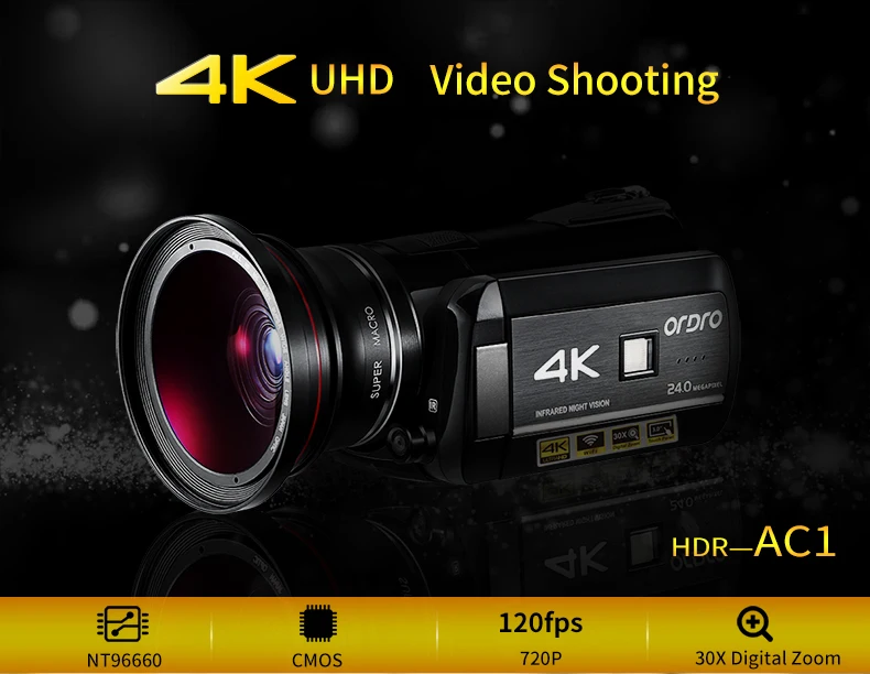 Ordro HDR-AC1 Цифровая видеокамера DVR 4 K 120 кадров в секунду 720 P поддержка 0.39X широкоугольный объектив 5MP CMOS Max 24mp Разрешение 3,0 дюймов