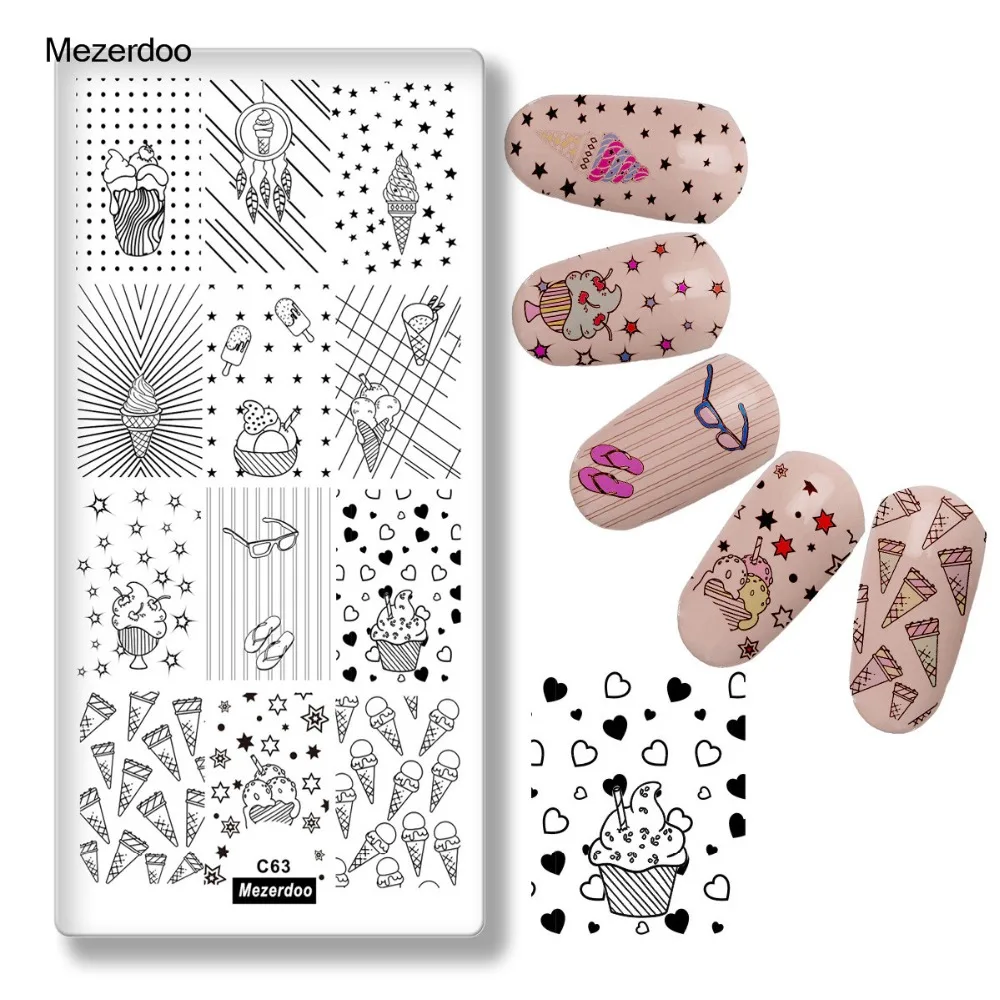 

Cute Ice Cream Nail Stamping Plates Floral Geometric Lovely Star Popsicle Image Paint for Nail Art Stamp Templates Metal Stencil