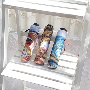 

HD Thermal Transfer Landscape Painting Umbrella Black Coating Super Anti-UV Woman Mini Umbrella Ultralight Parasol Travel Gifts