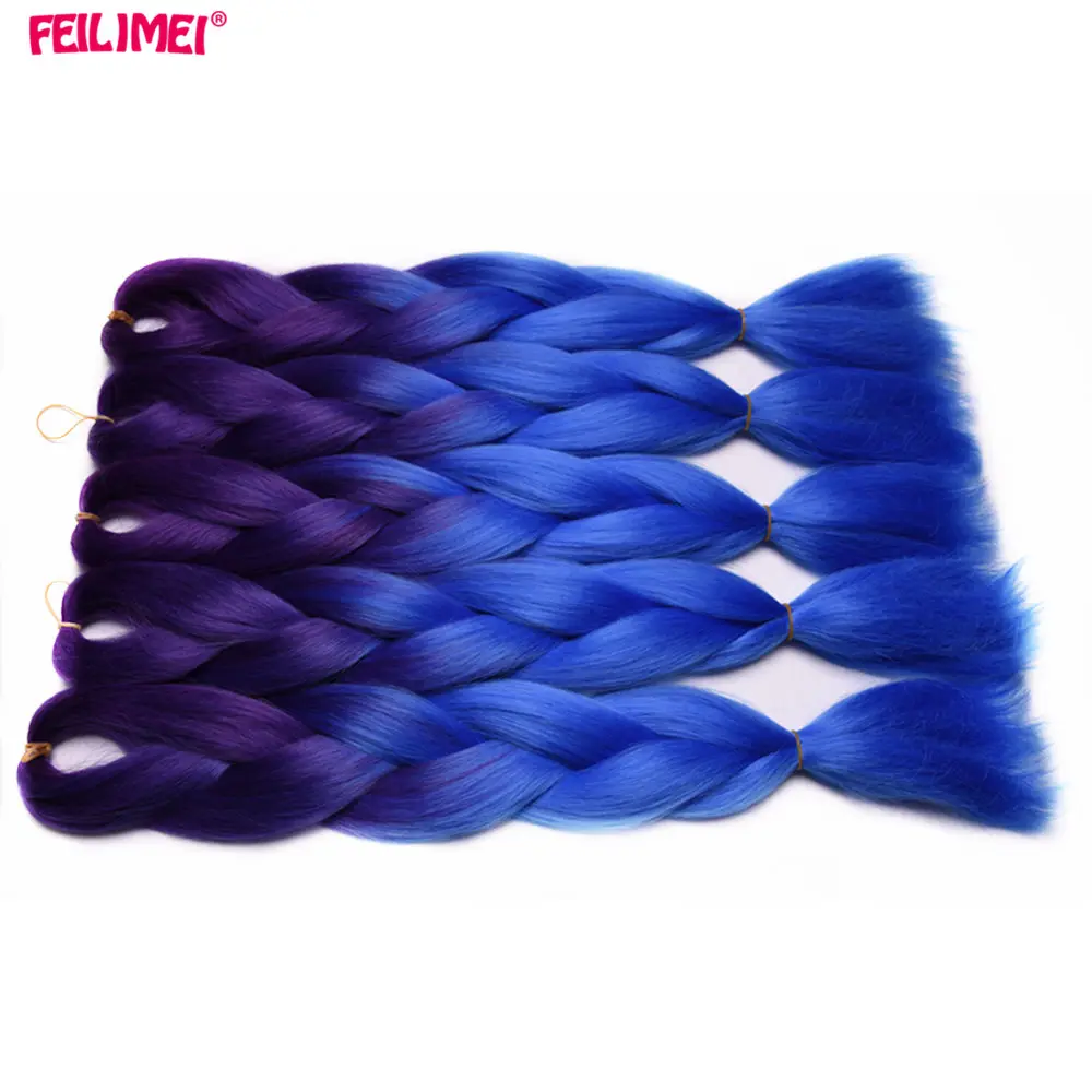 Feilimei, фиолетовые, синие, огромные косички для наращивания, синтетические волосы, 24 дюйма(60 см), 100 г/шт., два/три оттенка, Омбре, вязанные крючком косички, волосы оптом