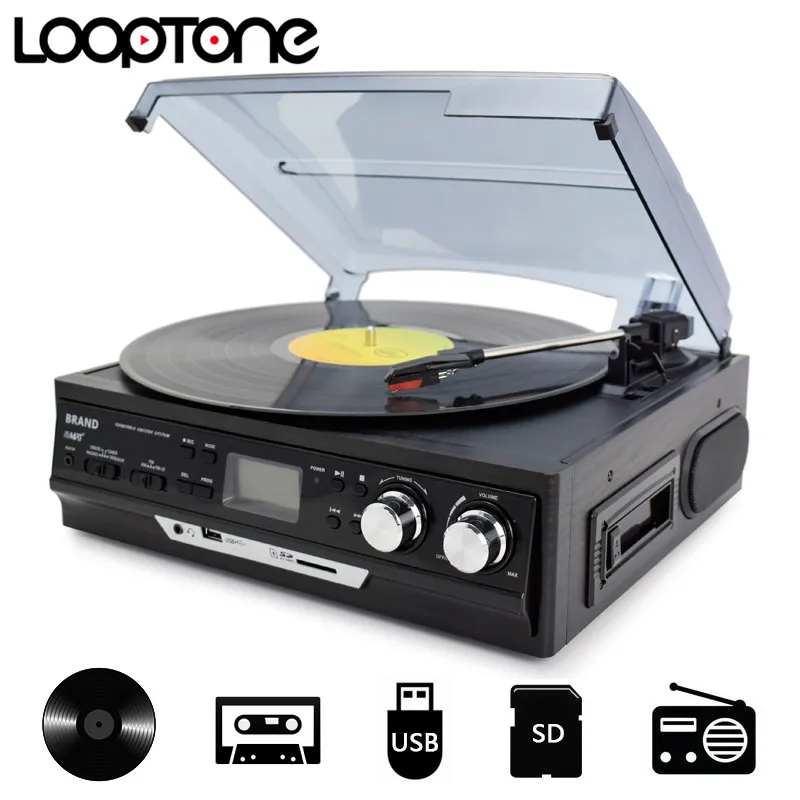 LoopTone 3-Скорость виниловую пластинку LP проигрыватели Виниловый проигрыватель плеер Встроенные динамики граммофон AM/FM радио USB/SD кассета Регистраторы