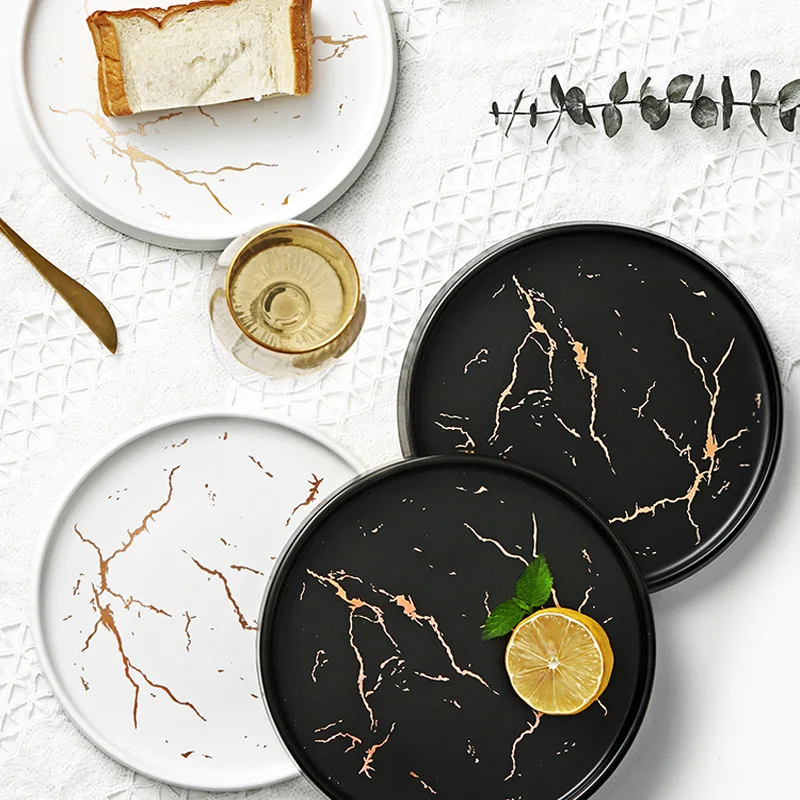 

Dinner Plate Gold Inlay Marble Tableware Unique Matte Black and White Dinnerware Set High End Plate Dish Dinnerware