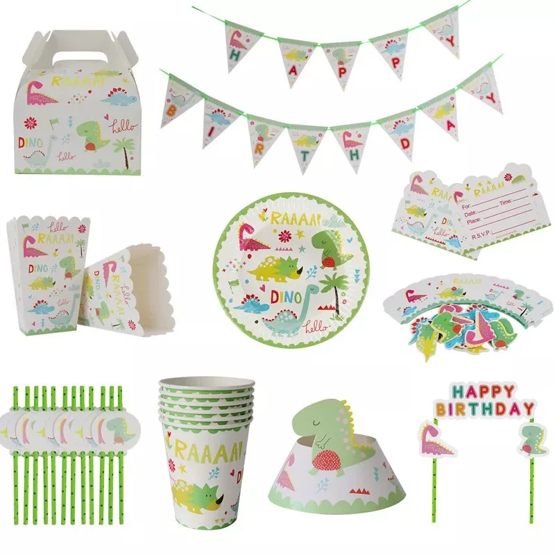 

Dinosaur Party Set Paper Plate Cup Napkins Tablecloth Banner Giant Balloons Cake Topper Birthday Event Party Supplies for Boys