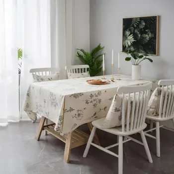

Decorative Table Cloth Cotton Linen Tablecloth Rectangular Dining Table Cover Dustproof Printed Plant Beige Table Cloth