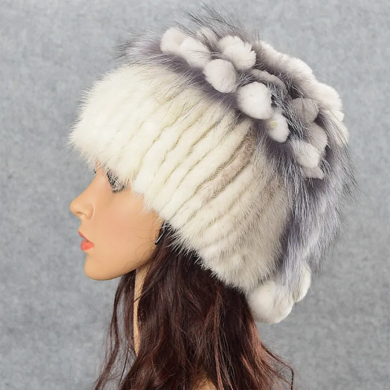Новинка Wram настоящая меховая шапка зимняя женская шапка из натурального меха норки с серебряным лисьим мехом вязаные шапки модные женские