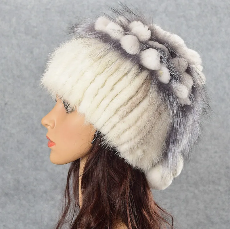 

New Wram Real Fur Hat Winter Women Genuine Mink Fur Hat With Silver Fox Fur Knitted Beanies Fashion Women Fur Caps with lining