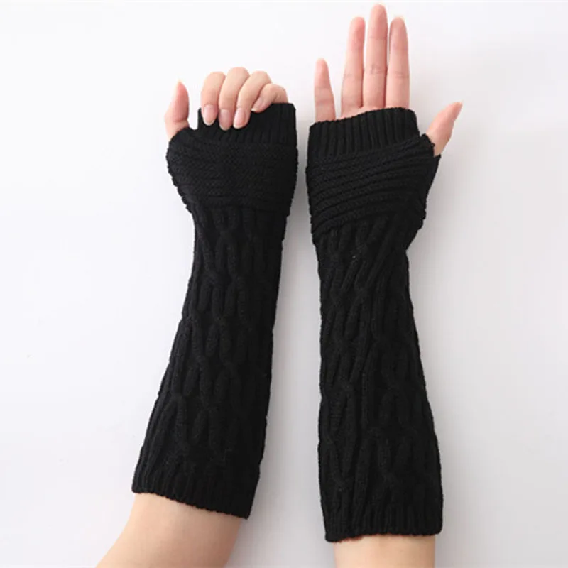 Новинка, женские длинные перчатки, зимние перчатки, вязаные, в полоску, теплые митенки без пальцев, женские перчатки - Цвет: Black