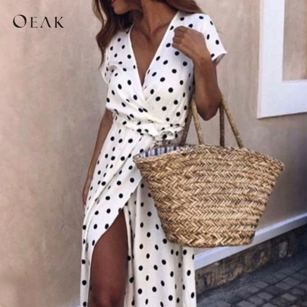 

OEAK 2019 Summer Women Dress Boho Holiday Polka Dot Maxi V-neck Long Dress Fashion Female Short Sleeves Beach Split Dress