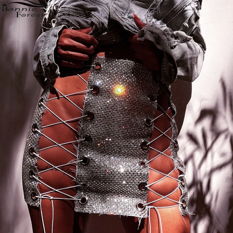 

Bonnie Forest Sexy Glitter Crystal Slit Cross Chain Skirt 2019 Summer Shining Diamond Skirts Metal Clubwear Charming Party Skirt