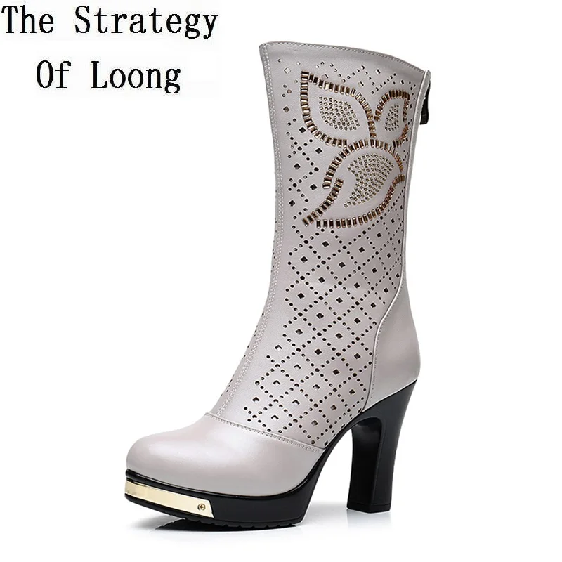 

Women Genuine Leather Rhinestone High Heels Cut Out Summer Mid Calf Boots Lady New Arrival Knight Mid Half Boots 20180418