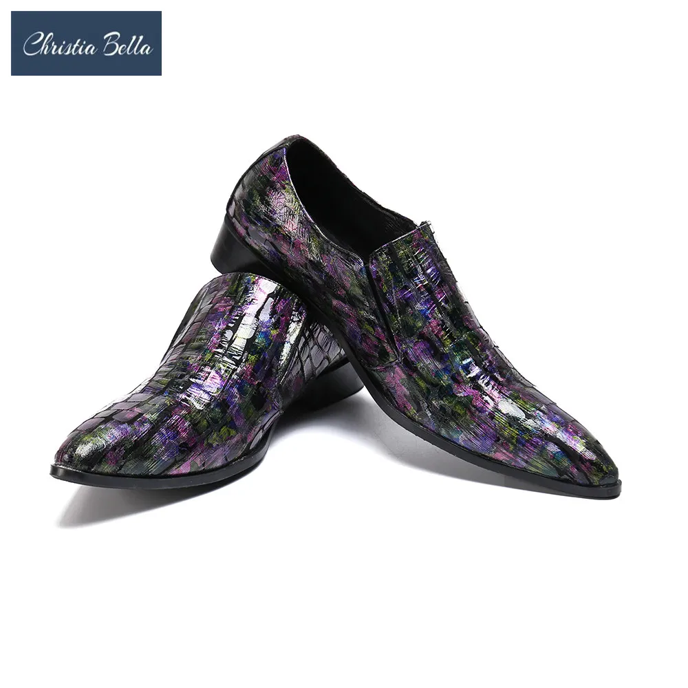 

Christia Bella New Fashion Genuine Leather Men Business Shoes Plus Size Color Printing Slip on Pointed Toe Formal Dress Shoes