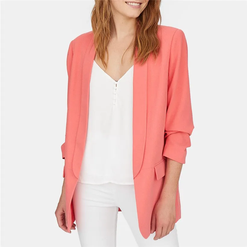 

Women elegant 3 blazer crimping three quarter sleeve outerwear notched pocket office Lady Pink yellow blazers casual tops