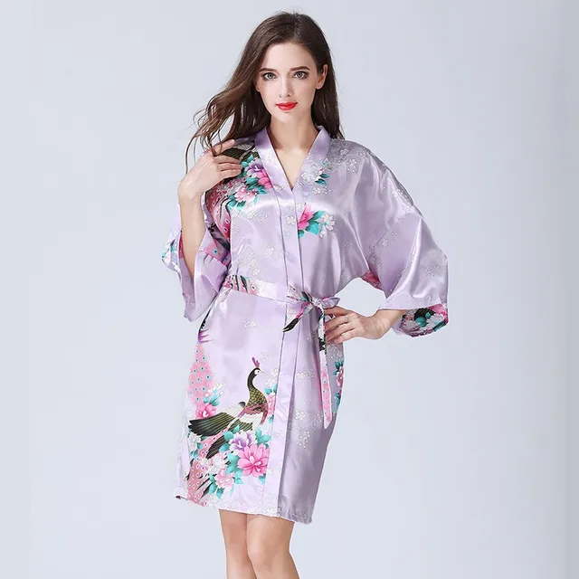 BEFORW Fashion Imitated Silk Night Dress Japanese Style Kimono Sleepwear Flower Printing Slim