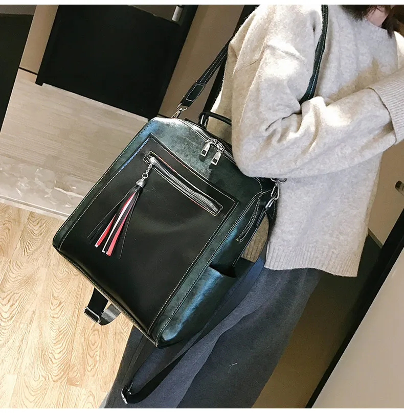 Двойная молния корейский стиль Для женщин рюкзаки мода школьные сумки для девочек-подростков Кисточкой кожаный рюкзак женский сумка