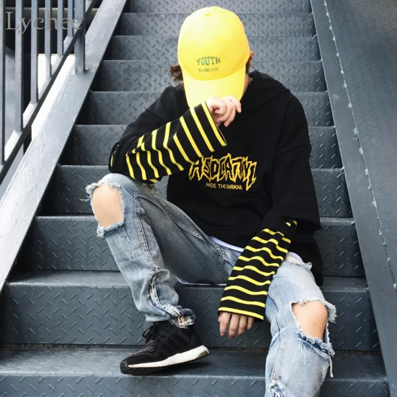  Lychee Harajuku Punk Hooded Sweatshirt Stripe Patchwork Hole Long Sleeve Hoodies Casual Loose Stree