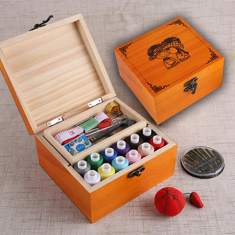 Multifunction Wood Box Sewing Kit Needle Tape Scissor Threads Sewing