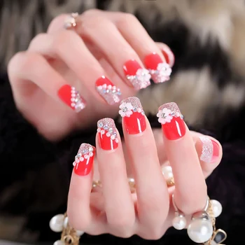 

Women Red Color Shining Rhinestone Fake Nails Girls Fashion Flowers Beauty False Nails 24pcs Detachable Nail Art Tips with Glue