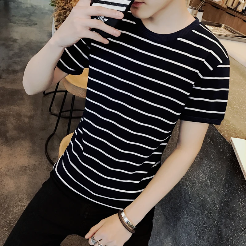 

Short sleeve T - shirt men's summer clothes men's T - shirt trend Korean slim collar stripe half sleeve