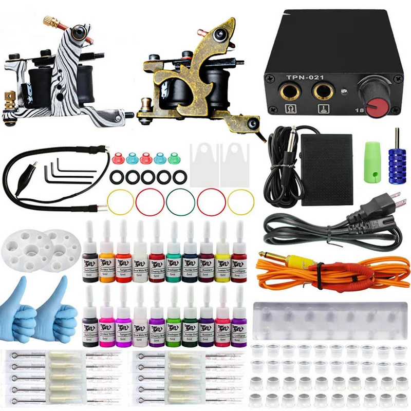Professional Complete Equipment Dual Tattoo 2 Machine Gun 20 Color Inks Power Supply Cord Kit Body Beauty DIY Tools Complete ufo complete body kit oem ktm