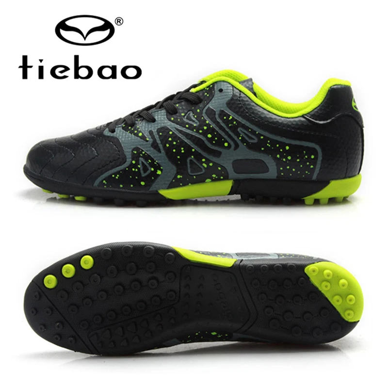 TIEBAO Professional Boys Football Soccer Shoes Top Quality TF Turf Rubber Soles Black Soccer Cleats Sports