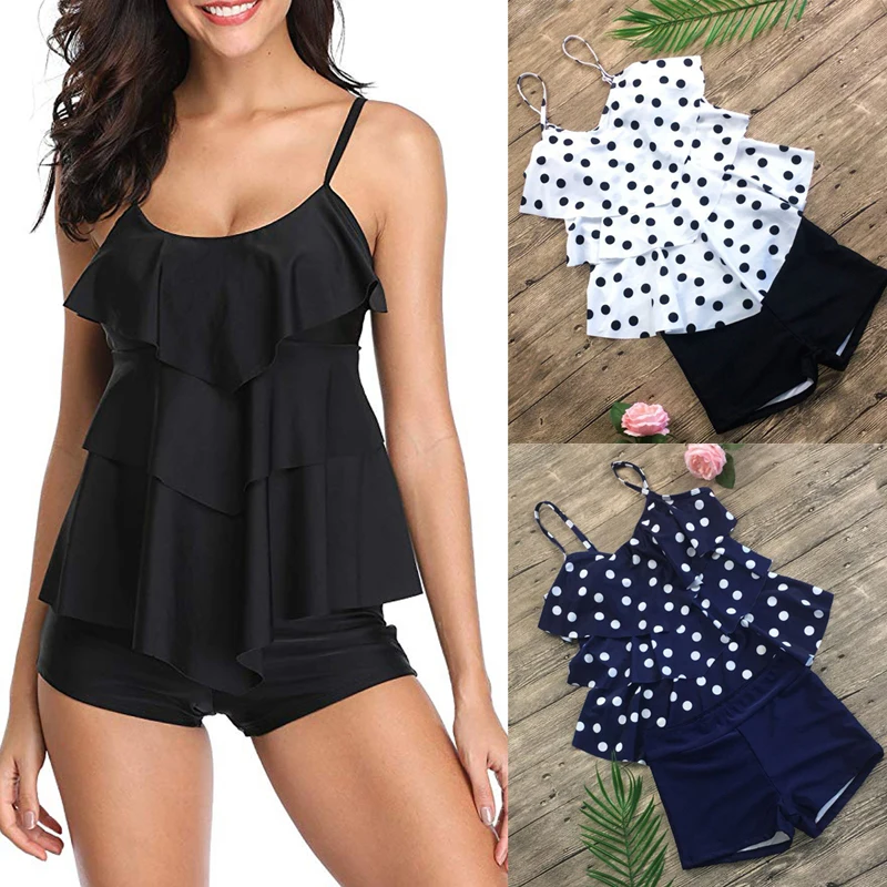 

2019 Plus Size 3xl Women Sets Swim suit Two Piece Suits Dot Print Tracksuit Sling Ruffle Vintage wear Mujer Push Up Tops+Shorts