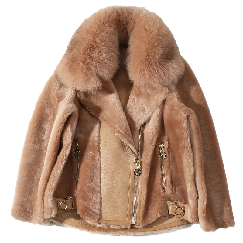 2018 Women Real Fur Coat Jacket Natural Fox Fur Collar Sheep Shearling Jacket Black Short Winter Coat Women Lamb Fur Jacket