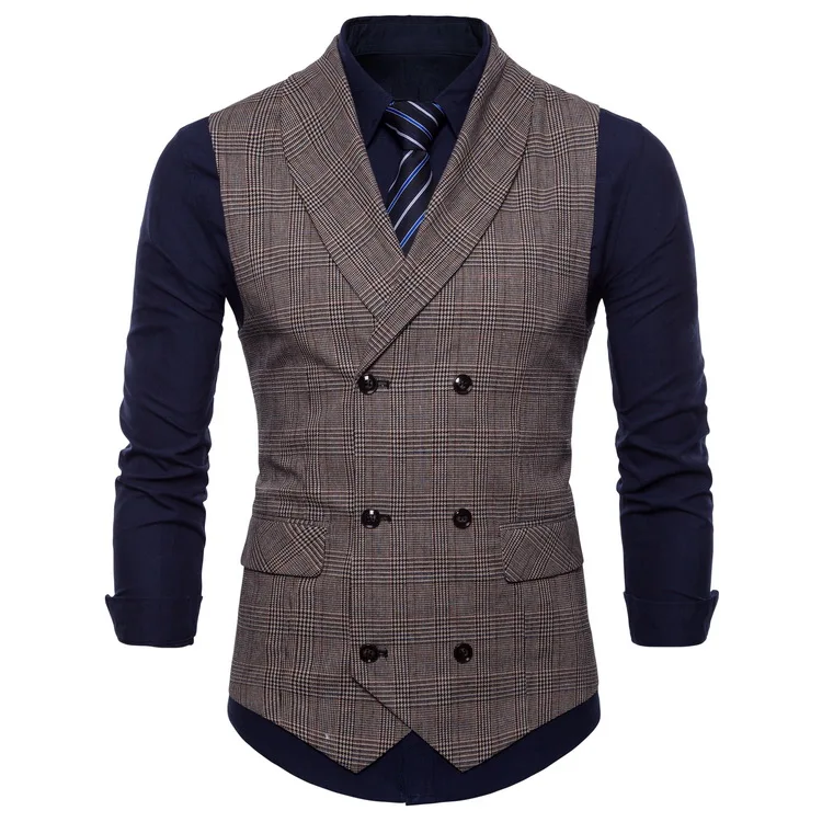 JACKEYWU брендовый мужской жилет в английском стиле, маленький клетчатый двубортный жилет, деловой костюм, свадебный жилет серого цвета - Цвет: Brown